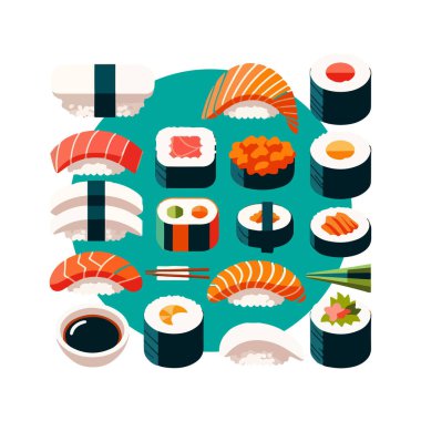 Çeşitli suşi parçaları, nigiri ve maki dürümleri de dahil..