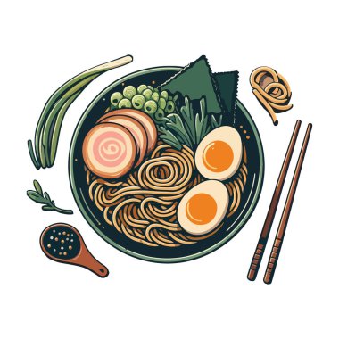 Bir kase erişteli ramen, dilimlenmiş domuz eti, kaynamış yumurta.