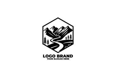 A black and white logo of a hiking trail winding through mountains. clipart