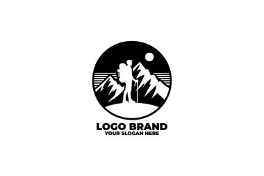 A black and white logo featuring a hiker with a backpack, symbolizing exploration and adventure. clipart