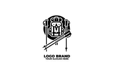 A black and white minimalist logo featuring a backpack and trekking poles, symbolizing outdoor adventure. clipart