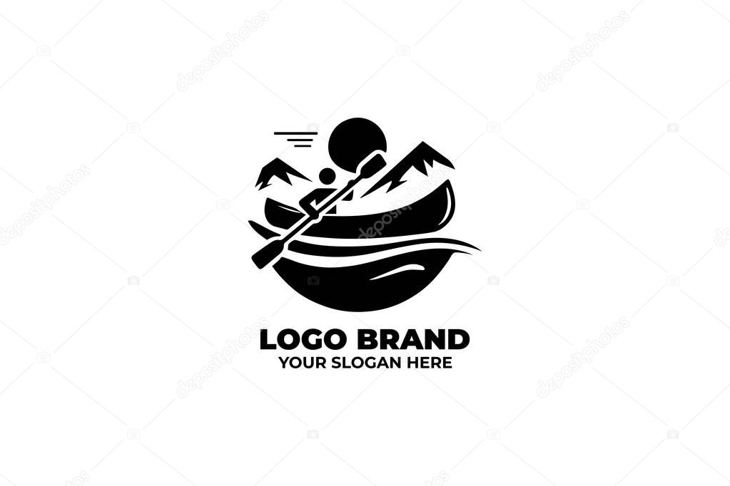 A simple logo of a canoe paddling on a river in black and white, symbolizing serenity and exploration.