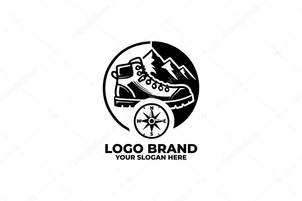 A sleek black and white logo featuring a compass and a hiking boot, symbolizing exploration and adventure.