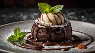 Erimiş çikolata, vanilyalı dondurma, naneli garnitür ve kakao tozu ile dejenere olmuş çikolatalı lav keki.