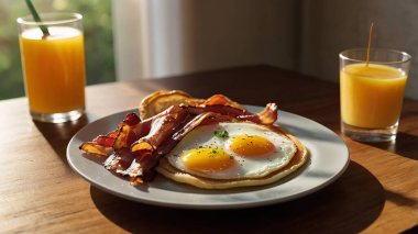 Pofuduk gözlemeli kahvaltı tabağı, kıtır pastırma, yumurta, portakal suyu ve sabah ışığında naneli süsleme.