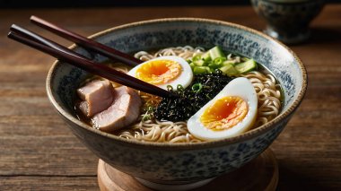Bir kase ramen ile domuz eti, kaynamış yumurta, nori, soğan ve susam tohumları, seramik bir kasede servis edilir.