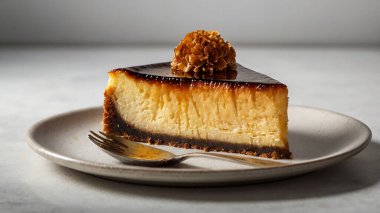 Beyaz arka planda karamelize edilmiş kremalı peynirli kek dilimi.