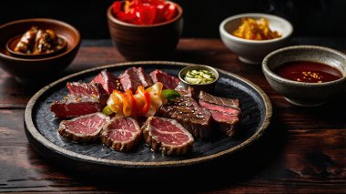 Wagyu yakiniku mangal ızgarasında soslu ve koyu soslu cızırdıyor.