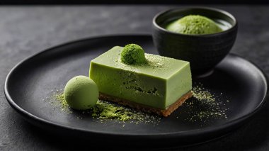 Siyah tabakta cheesecake, mochi ve dondurma ile kibrit tatlısı.