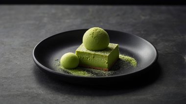 Siyah tabakta cheesecake, mochi ve dondurma ile kibrit tatlısı.