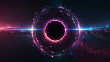 Parlayan elektrik halkaları ve yüzen uzay tozuyla fütürist bir kara delik.