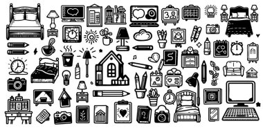 Basit yatak odası simgelerinden oluşan siyah beyaz bir karalama elementi.