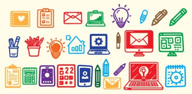 Basit ofis simgesinin renkli karalama ögesi kümesi