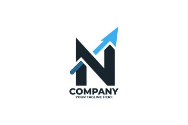 Yukarı doğru bir grafiğin minimalist düz logosu N harfi şeklinde, modern siyah ve mavi renklerde.