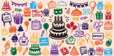Basit doğum günü simgelerinin renkli karalama ögesi kümesi