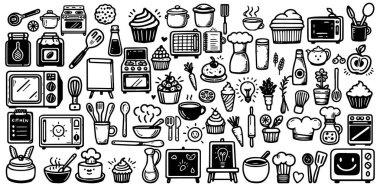 Basit mutfak simgelerinden oluşan siyah ve beyaz karalama elementleri