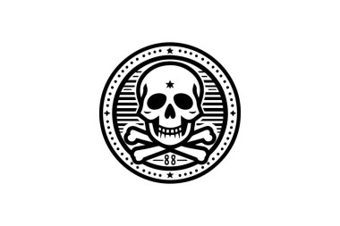 Bir kafatası ve çapraz kemiğin monokrom antika logosu, tehlikeyi, korsanı ya da keskin markalaşmayı simgeliyor.