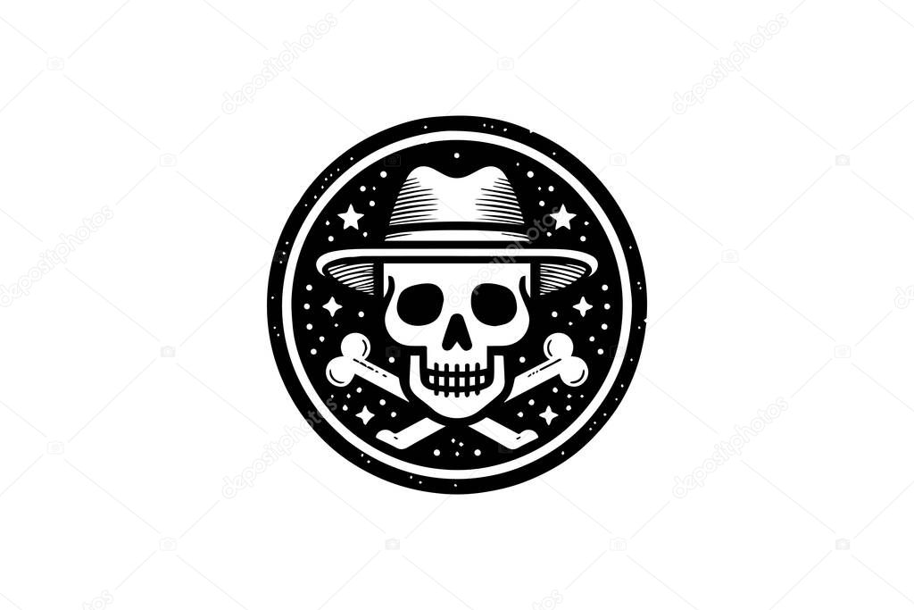 A monochrome vintage logo of a skull and crossbones, symbolizing danger, pirate, or edgy branding