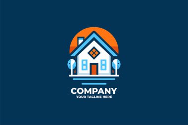 Mavi ve turuncu tonlarda, üçgen çatılı, minimalist modern bir evin düz tasarım logosu.