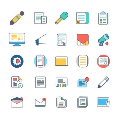 Ofis araçları, iş stratejisi ve veri analizleri için temiz bir düz tasarım ikonu koleksiyonu