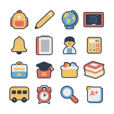 Okula dönüş sezonu için okul ikonlarının neşeli ve modern bir tasarımı.