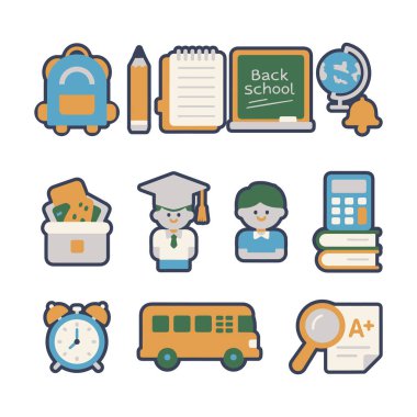 Okula dönüş sezonu için okul ikonlarının neşeli ve modern bir tasarımı.