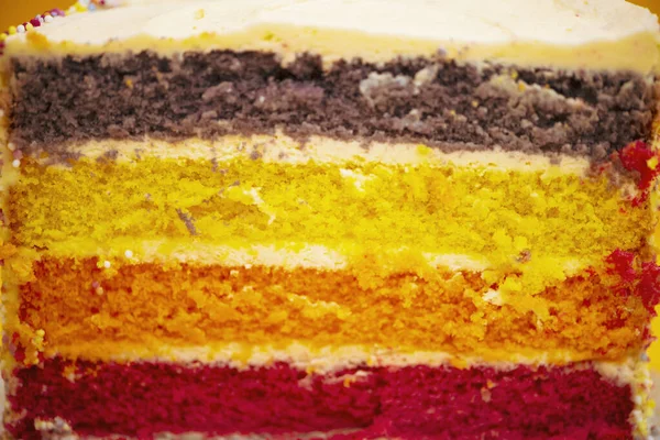 Kremalı Pasta Parlak Bir Arka Planda Renkli Katmanlar — Stok fotoğraf