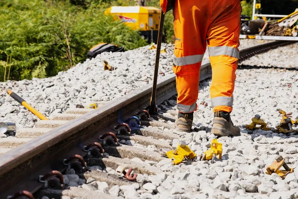 Bir Demiryolu Inşaatı Ngiltere Bir Demiryolunda Çalışmak Telifsiz Stok Fotoğraflar