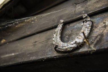 Eski ahşap bir kapıda asılı paslı at nalı örümcek ağıyla, cadılar bayramı