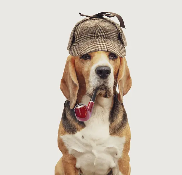 Sherlock Şapkalı Ciddi Bir Köpek Avcısı Pipo Içiyor - Stok İmaj