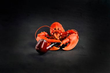 Pençesinde sigara piposu tutan kırmızı ıstakoz, soyut.