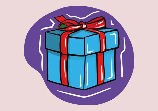 Met Hand Getekende Geschenkdoos Cartoon Blauw Giftbox Met Rode Satijnen — Stockvector