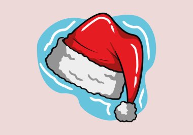 Arka planda el çizimi Noel Baba şapkası var. Düz stil. Kırmızı Noel şapkası..
