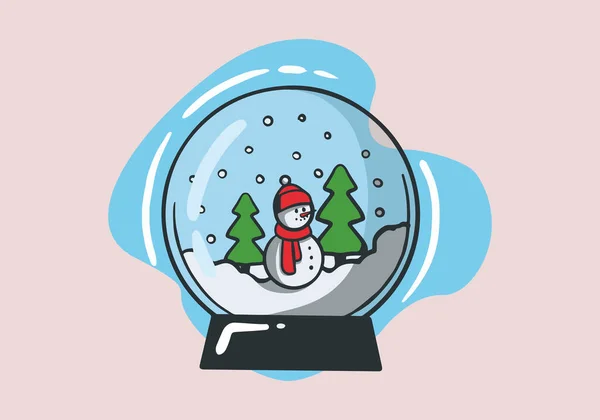 Handgezeichnete Weihnachtsschneekugel Neujahrsschneekugel Aus Glas Mit Schneemann Und Geschenken Unter — Stockvektor