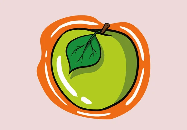 在孤立的背景卡通人物图上手工绘制带有叶子的新鲜绿色苹果 — 图库矢量图片