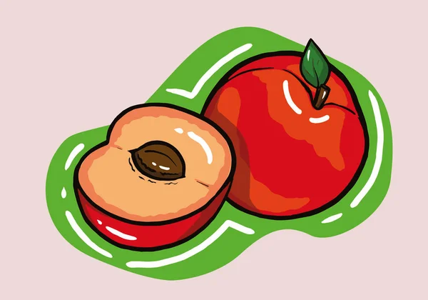 Handgezeichnete Pfirsichfrüchte Mit Grünem Blatt Isoliert Auf Dem Hintergrund Pfirsichfrüchte — Stockvektor
