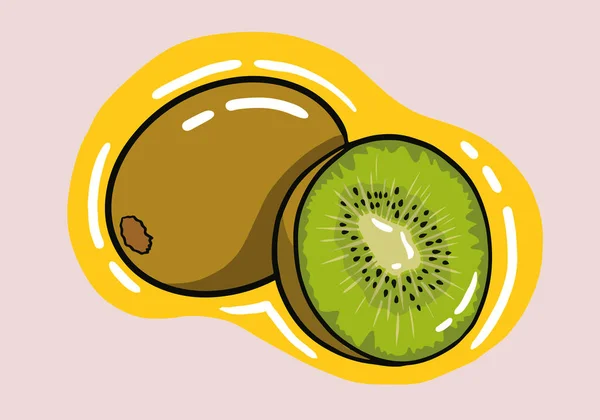 Mano Dibujado Entero Kiwi Jugoso Medio Kiwi Verde Corte Kiwi — Vector de stock