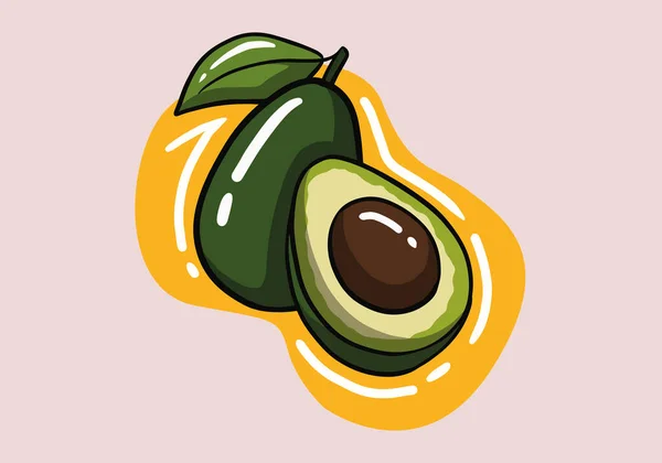 Handgezeichnete Ganze Avocado Mit Blatt Und Die Hälfte Mit Samen — Stockvektor