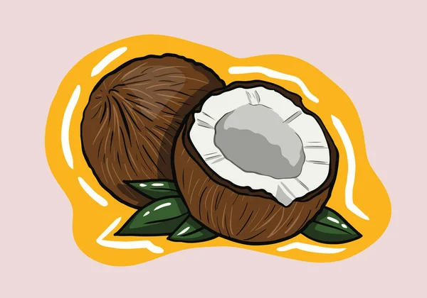 Dibujado Mano Detallado Brown Exotic Whole Coconut Half Green Leaf — Vector de stock
