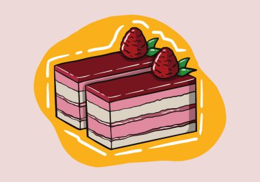 Renkli tatlı pasta dilimi. Doğum günü için bir parça pasta, düğünler, kutlamalar, selamlama, sevgililer günü davetiyeleri. Şirin çilekli pasta. Düz biçimli vektör illüstrasyonu.