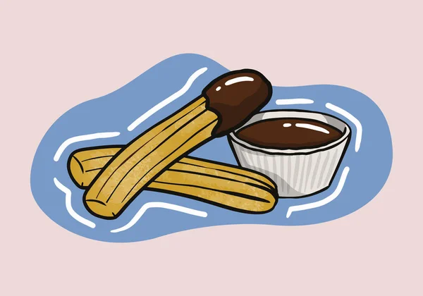 手描きのチュロス 背景には伝統的なスペインの甘いデザートとチョコレートディップのイラスト — ストックベクタ