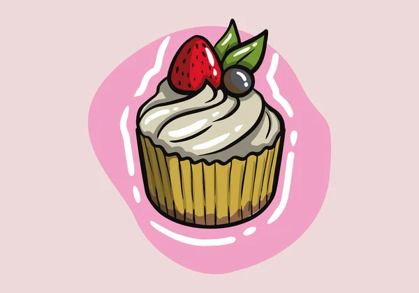 Vector Sweet Vanilla Cupcake Strawberry Leaf Top Hand Drawn Cupcake — Stock Vector