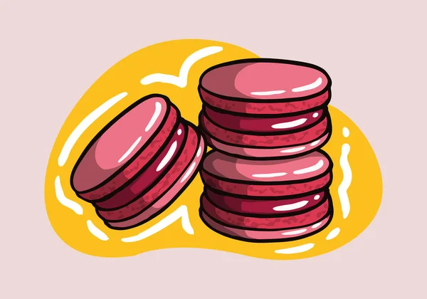 漫画マカロンクッキー ピンクのマラクロン 伝統的なフランスの甘いデザートの絵 かわいい手描きベクトルイラスト — ストックベクタ