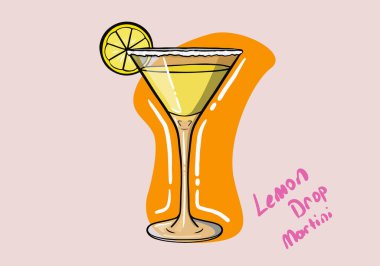 Limonlu Lemon Drop Martini, vektör çizimi, el çizimi renkli tasarım.