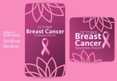 Göğüs kanseri sosyal medya paylaşımı ve hikaye tasarım koleksiyonu. Pembe arka planı ve kurdelesi olan düzenlenebilir modern afiş. Sosyal medya paylaşımı, afiş, kart ve web sitesi için kullanılabilir.