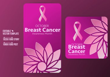 Göğüs kanseri sosyal medya paylaşımı ve hikaye tasarım koleksiyonu. Pembe arka planı ve kurdelesi olan düzenlenebilir modern afiş. Sosyal medya paylaşımı, afiş, kart ve web sitesi için kullanılabilir.