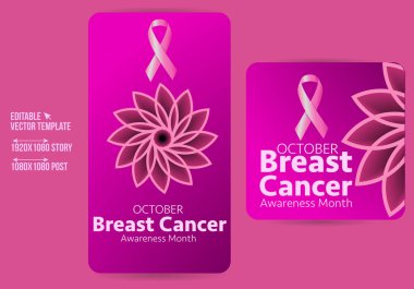 Göğüs kanseri sosyal medya paylaşımı ve hikaye tasarım koleksiyonu. Pembe arka planı ve kurdelesi olan düzenlenebilir modern afiş. Sosyal medya paylaşımı, afiş, kart ve web sitesi için kullanılabilir.