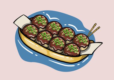 El çizimi Takoyaki köftesi veya ahtapot köftesi. Takoyaki, Japonya 'nın Osaka kentindeki en ünlü Japon aperatiftir..
