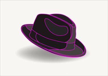 Fedora şapkası, yan görüş. Yün ya da keçeli kumaş, koyu gri, siyah renk. Erkekler, unisex baş aksesuarı. Gerçekçi stil grafik vektör çizimi.