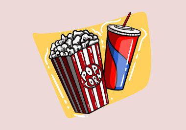Patlamış mısır kutusu, tek kullanımlık bardak. Sinema Tasarımı. Ayrıntılı vektör illüstrasyonu.